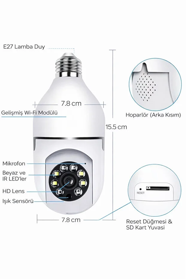 Gece Görüşlü 360 Derece Led Işık 1080p Wifi Kamera Kablosuz Panoramik Balıkgözü Ampul Kamera